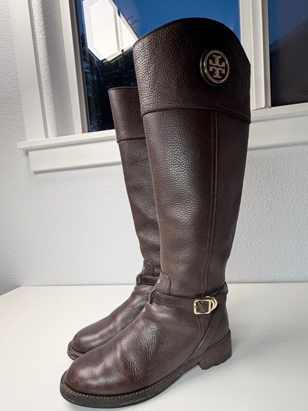 Tory Burch Boots Brown Pebbled Leather Riding Boots Tall Zip Logo women size 6.5